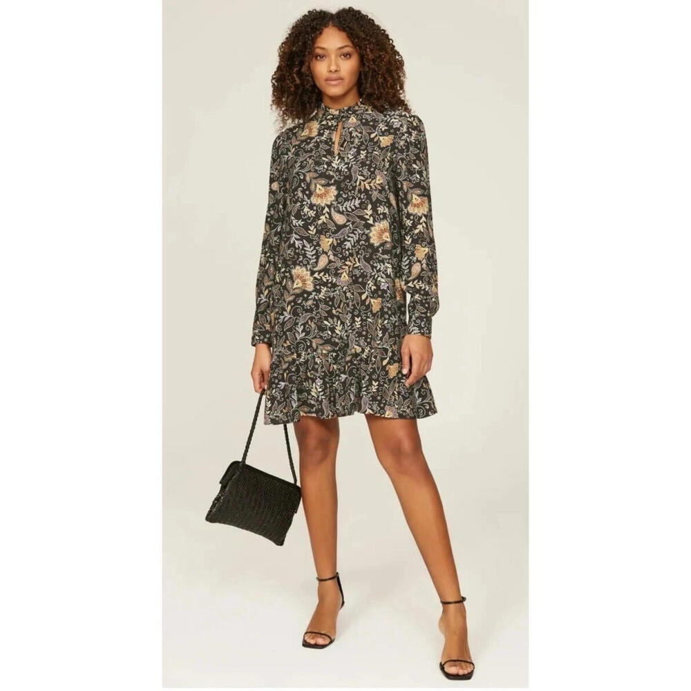 Michael Stars kita black floral long sleeve ruffle mini dress size M